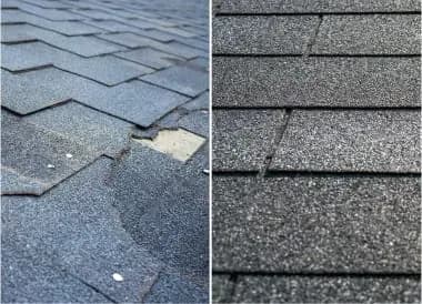 Side by side: worn shingle field with a missing tab next to tight, uniform new architectural shingles
