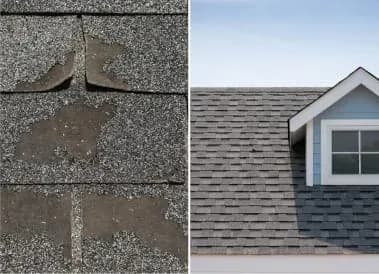 Side by side: cracked and torn asphalt shingles next to a freshly installed shingle roof with new dormer